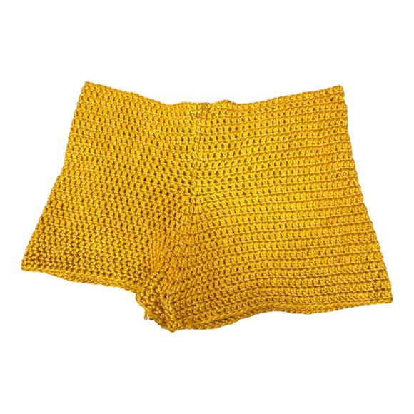 Vintage Knit Handmade Crochet Mustard Yellow Shorts 28" Y2K Boho Hippie Granny - Picture 1 of 3
